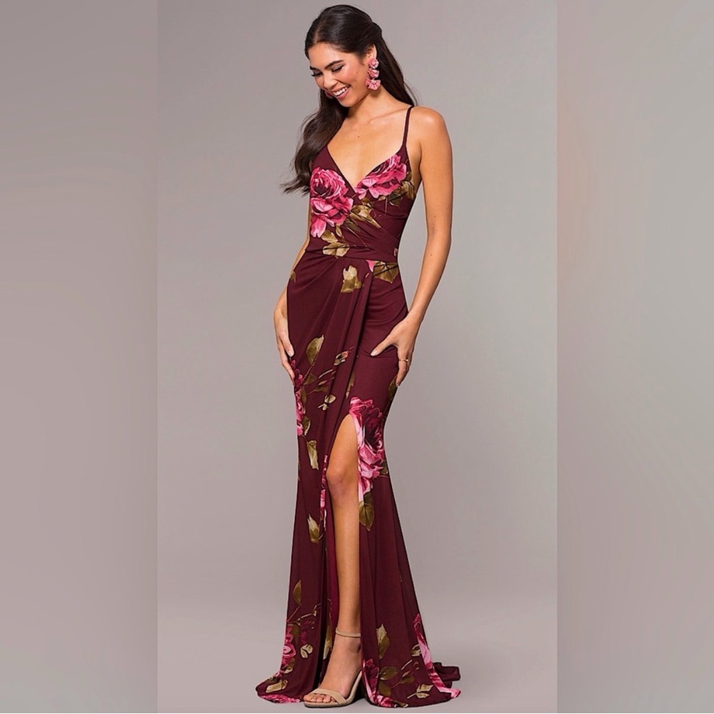 Burgundy Pink Green Floral Evening Gown Dress 🖤 Stunning High Split EUC S